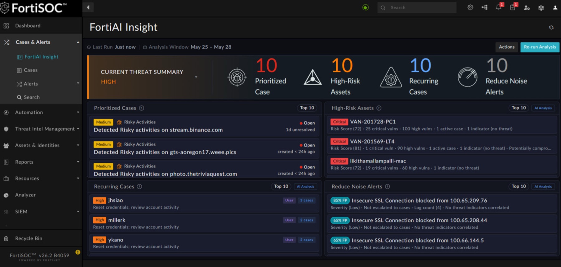 Dashboard FortiSOC / FortiAI Insight — a plataforma Fortinet operada pelo Rover